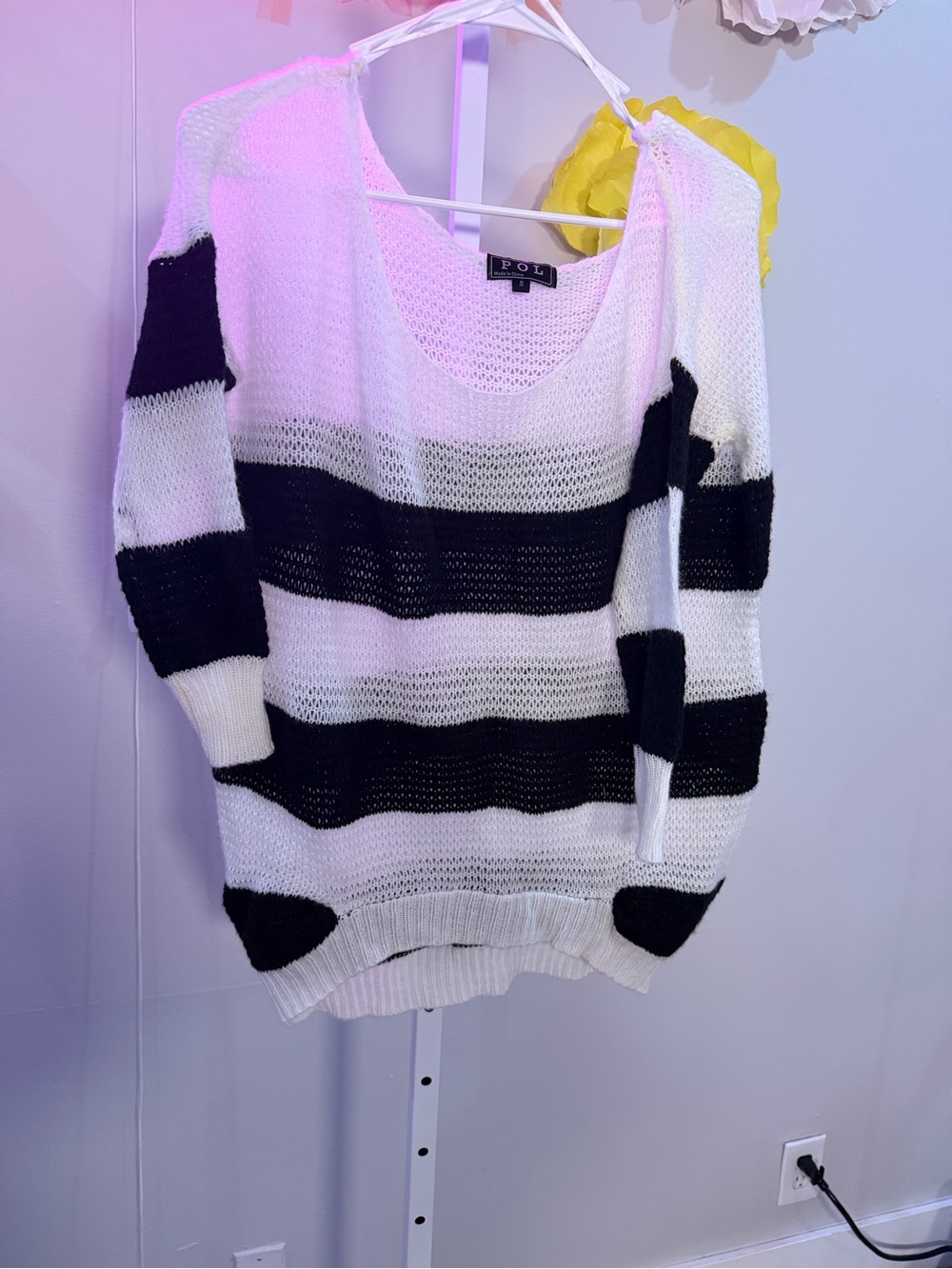 POL Black & White Striped Scoop Neck Open-Knit Sweater